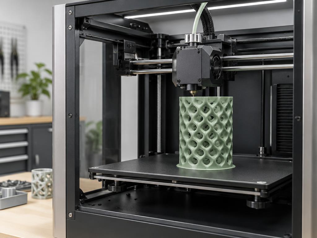 Illustrative 3D printer producing a green lattice prototype